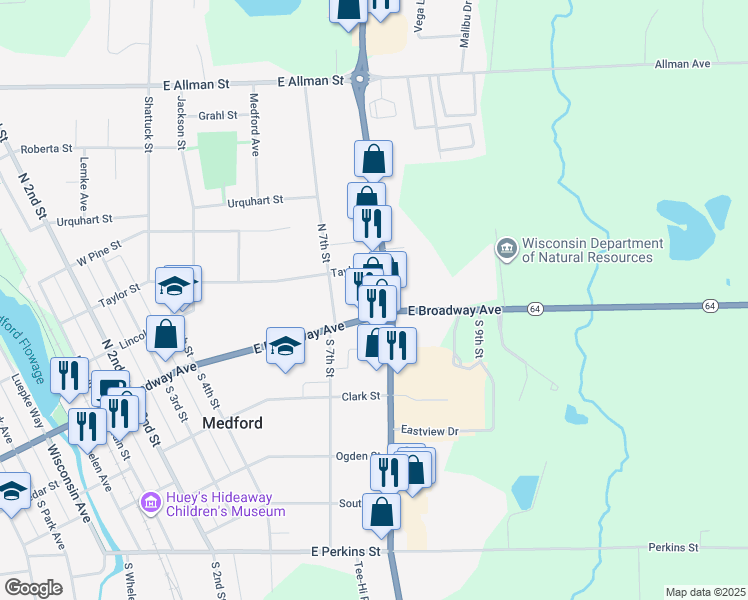 map of restaurants, bars, coffee shops, grocery stores, and more near 117 North 8th Street in Medford