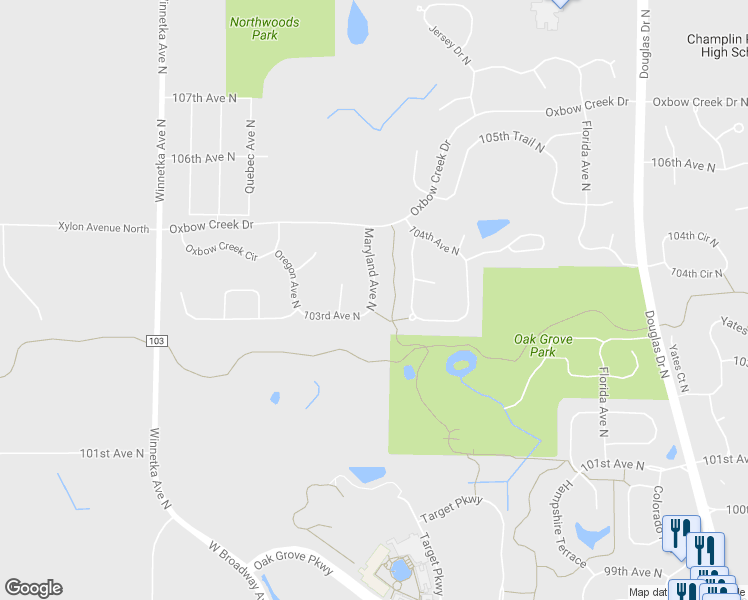 map of restaurants, bars, coffee shops, grocery stores, and more near 10308 Oregon Avenue North in Brooklyn Park