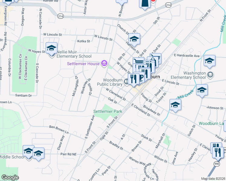 map of restaurants, bars, coffee shops, grocery stores, and more near 393 West Cleveland Street in Woodburn