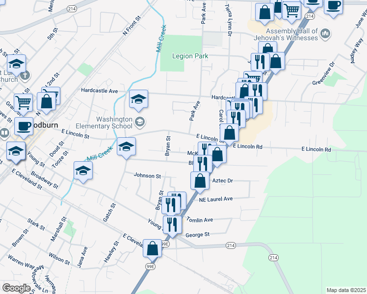 map of restaurants, bars, coffee shops, grocery stores, and more near 1045 McKinley Street in Woodburn
