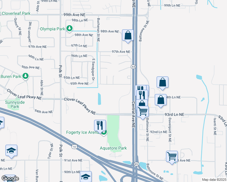 map of restaurants, bars, coffee shops, grocery stores, and more near 9436 Ulysses Street Northeast in Blaine