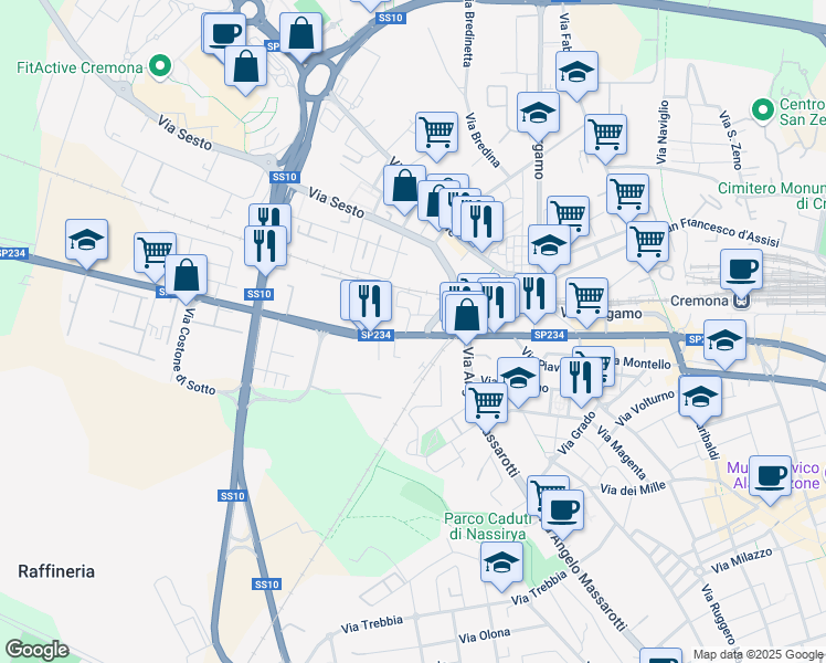map of restaurants, bars, coffee shops, grocery stores, and more near 2-8 Via Antonio Barosi in Cremona