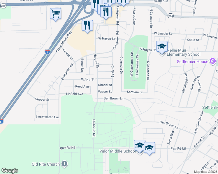 map of restaurants, bars, coffee shops, grocery stores, and more near 2630 Citadel Street in Woodburn