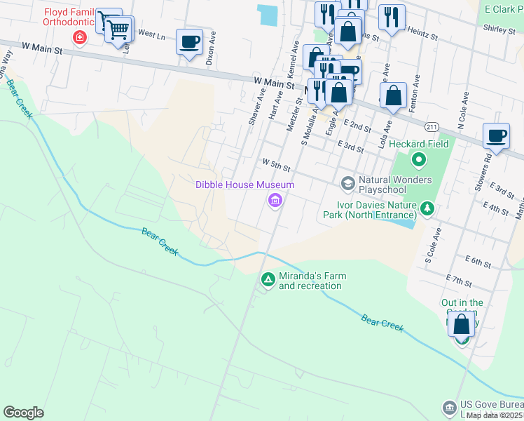 map of restaurants, bars, coffee shops, grocery stores, and more near 625 Metzler Street in Molalla