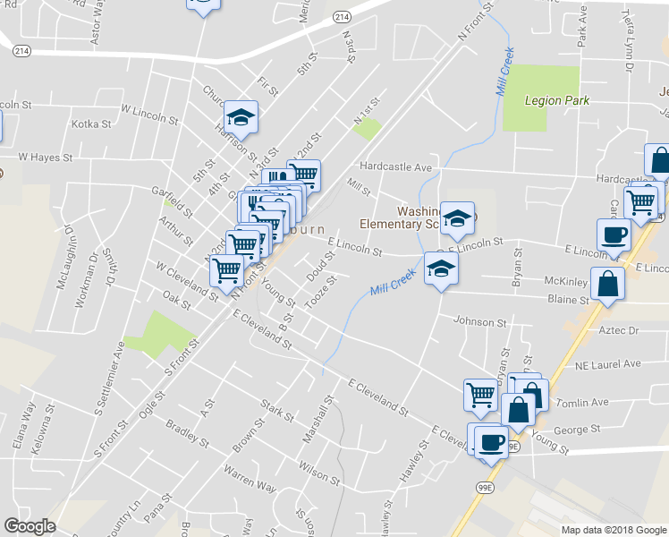 map of restaurants, bars, coffee shops, grocery stores, and more near 299 Oswald Street in Woodburn