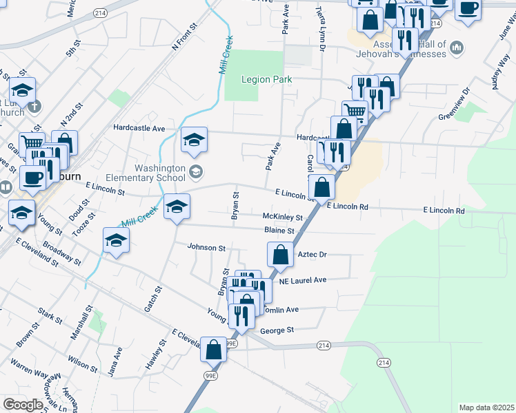 map of restaurants, bars, coffee shops, grocery stores, and more near 1045 McKinley Street in Woodburn