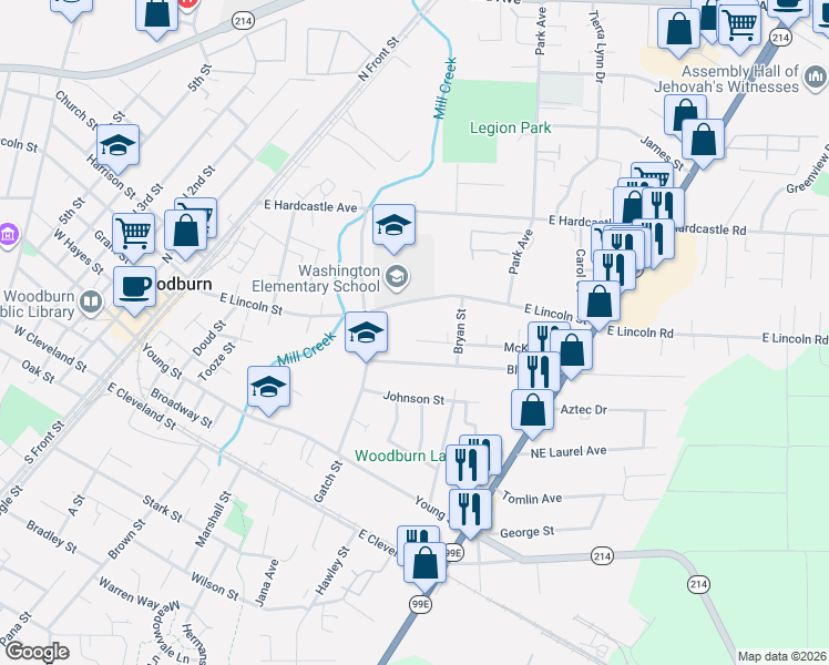 map of restaurants, bars, coffee shops, grocery stores, and more near 859 McKinley Street in Woodburn