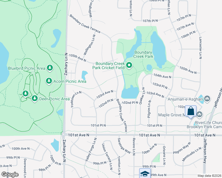 map of restaurants, bars, coffee shops, grocery stores, and more near 10522 103rd Avenue North in Maple Grove