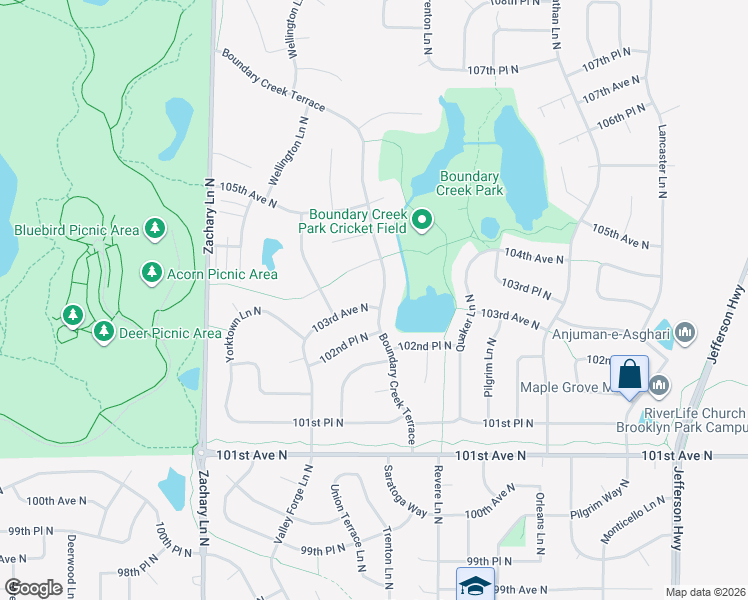 map of restaurants, bars, coffee shops, grocery stores, and more near 10522 103rd Avenue North in Maple Grove