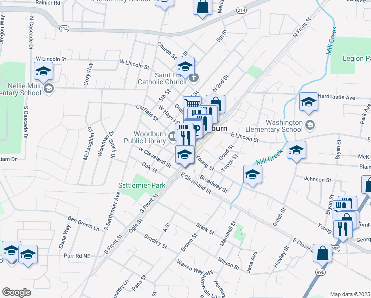 map of restaurants, bars, coffee shops, grocery stores, and more near 174 Garfield Street in Woodburn