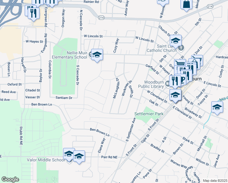 map of restaurants, bars, coffee shops, grocery stores, and more near 361 McLaughlin Drive in Woodburn