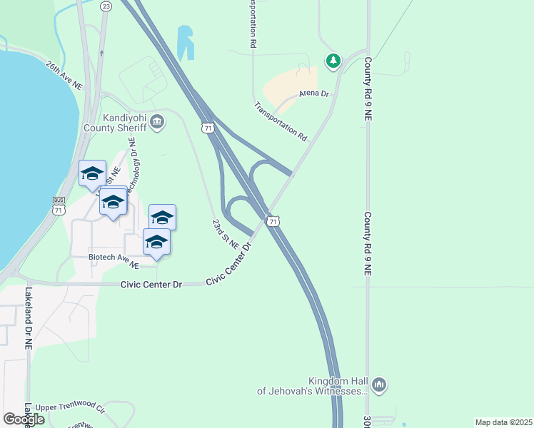 map of restaurants, bars, coffee shops, grocery stores, and more near Civic Center Drive in Willmar
