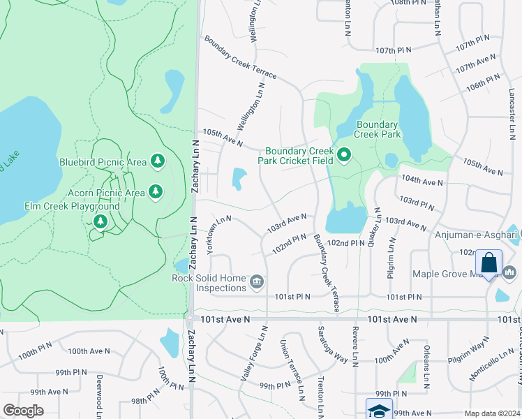 map of restaurants, bars, coffee shops, grocery stores, and more near 10728 103rd Place North in Maple Grove