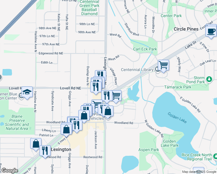 map of restaurants, bars, coffee shops, grocery stores, and more near 715 Village Parkway in Circle Pines
