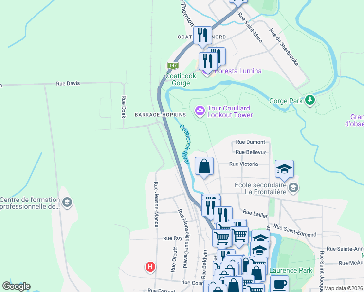 map of restaurants, bars, coffee shops, grocery stores, and more near 561 Rue Child in Coaticook