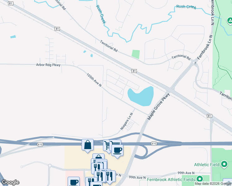 map of restaurants, bars, coffee shops, grocery stores, and more near 105th Avenue North in Maple Grove