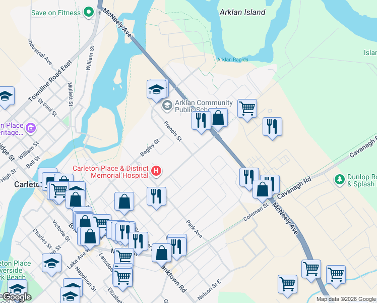 map of restaurants, bars, coffee shops, grocery stores, and more near 297 Lake Avenue East in Carleton Place