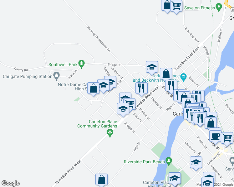 map of restaurants, bars, coffee shops, grocery stores, and more near 407 Flora Street in Carleton Place