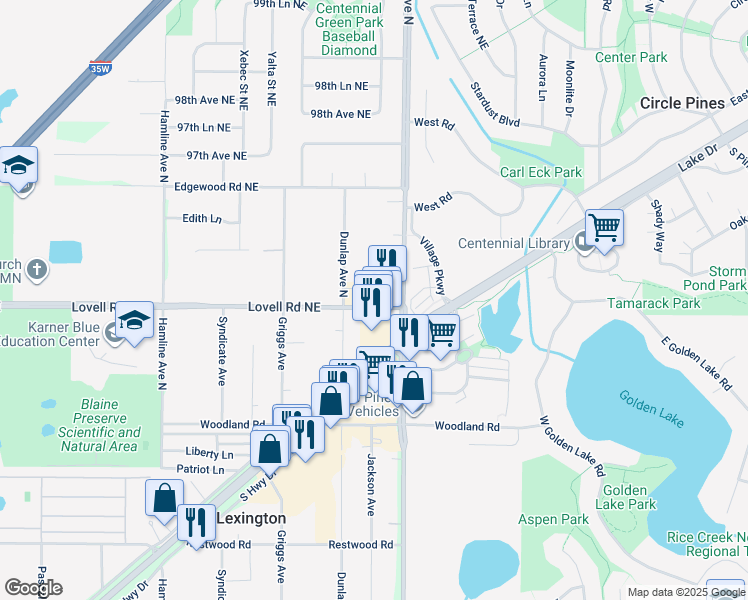 map of restaurants, bars, coffee shops, grocery stores, and more near 4101 Lovell Road Northeast in Circle Pines