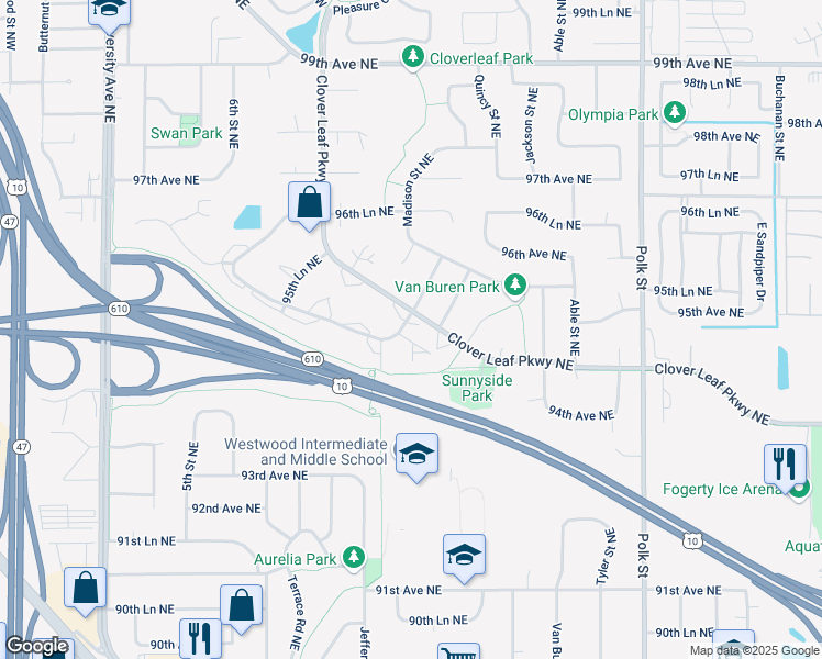 map of restaurants, bars, coffee shops, grocery stores, and more near 636 Clover Leaf Parkway Northeast in Blaine