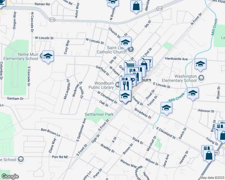 map of restaurants, bars, coffee shops, grocery stores, and more near 217 North 2nd Street in Woodburn