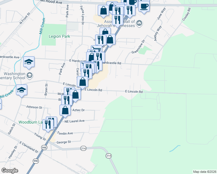 map of restaurants, bars, coffee shops, grocery stores, and more near 1651 East Lincoln Road in Woodburn