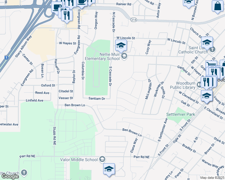 map of restaurants, bars, coffee shops, grocery stores, and more near 724 Columbia Drive in Woodburn