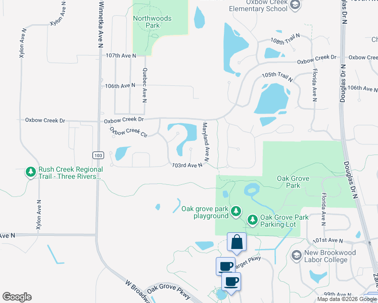map of restaurants, bars, coffee shops, grocery stores, and more near 7240 103rd Court North in Brooklyn Park