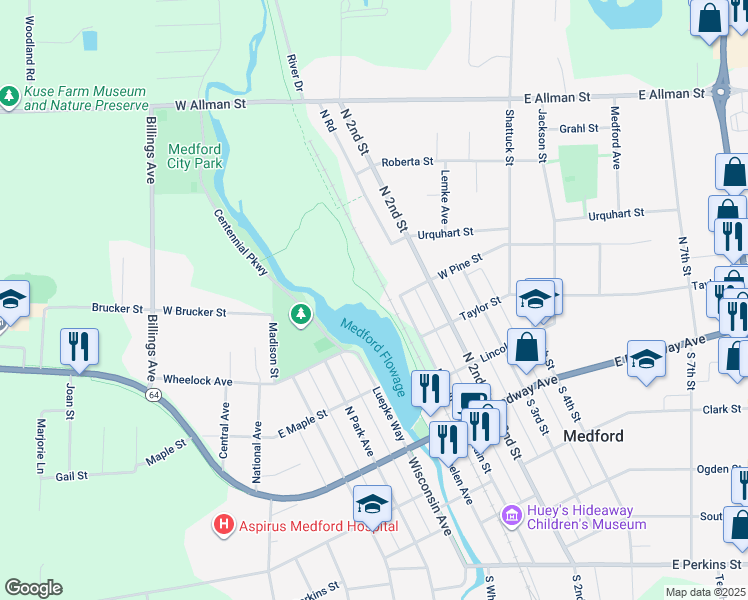 map of restaurants, bars, coffee shops, grocery stores, and more near Riverwalk in Medford