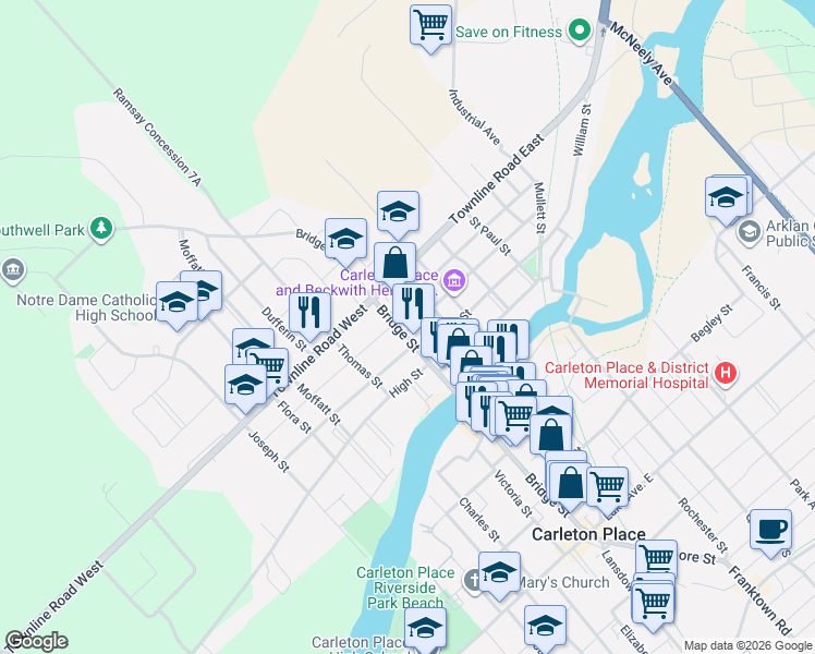 map of restaurants, bars, coffee shops, grocery stores, and more near 275 Bridge Street in Carleton Place