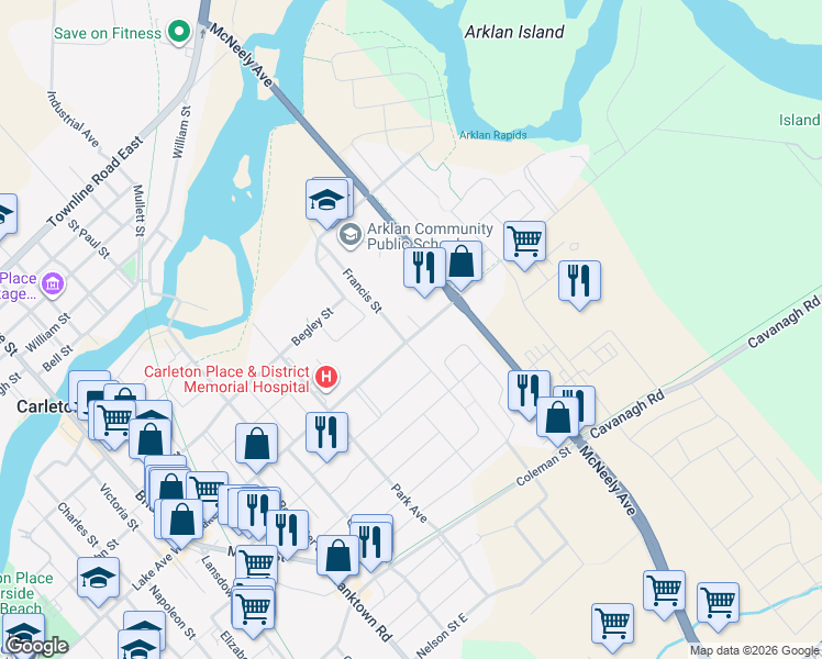 map of restaurants, bars, coffee shops, grocery stores, and more near in Carleton Place