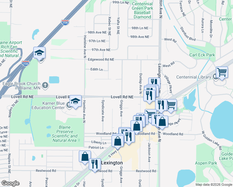 map of restaurants, bars, coffee shops, grocery stores, and more near 3975 Lovell Road Northeast in Circle Pines