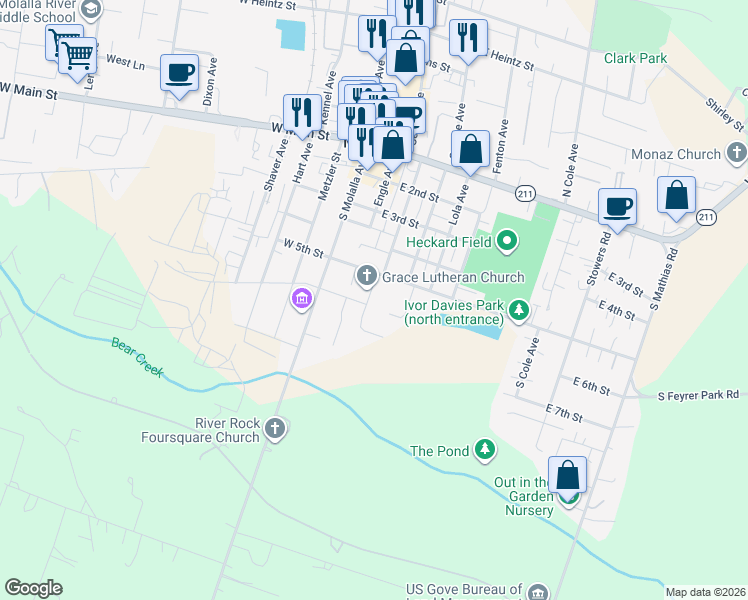 map of restaurants, bars, coffee shops, grocery stores, and more near 601 May Street in Molalla