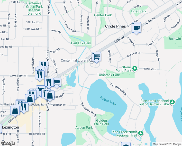 map of restaurants, bars, coffee shops, grocery stores, and more near 7 East Golden Lake Road in Circle Pines
