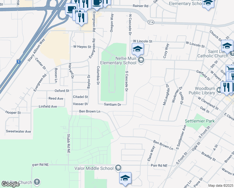 map of restaurants, bars, coffee shops, grocery stores, and more near 680 East Clackamas Circle in Woodburn