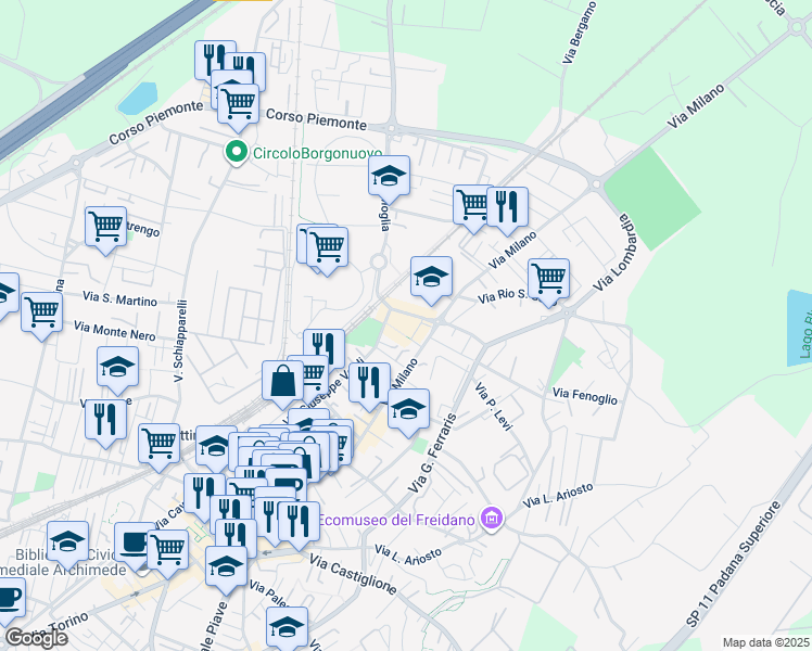 map of restaurants, bars, coffee shops, grocery stores, and more near 29D Via Milano in Settimo Torinese