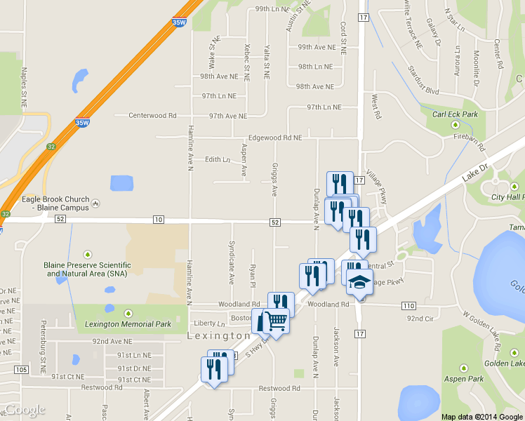 map of restaurants, bars, coffee shops, grocery stores, and more near 3975 Lovell Road Northeast in Circle Pines