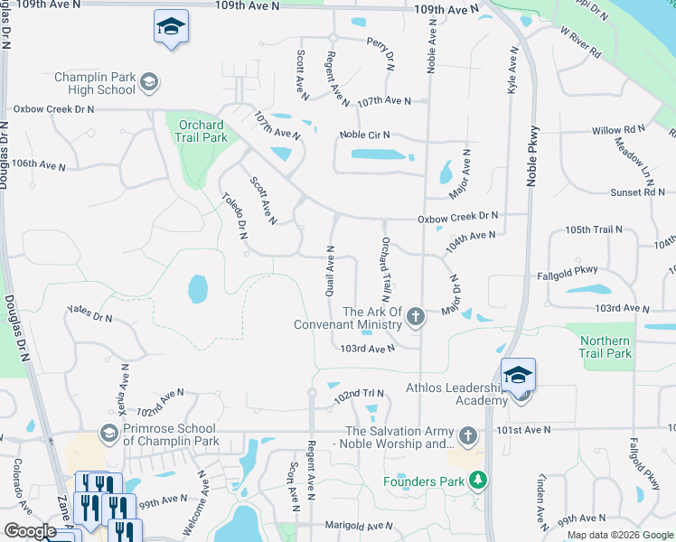 map of restaurants, bars, coffee shops, grocery stores, and more near 10348 Quail Avenue North in Minneapolis