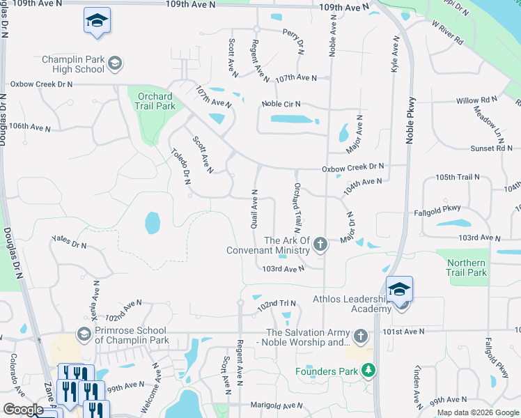 map of restaurants, bars, coffee shops, grocery stores, and more near 10348 Quail Avenue North in Minneapolis