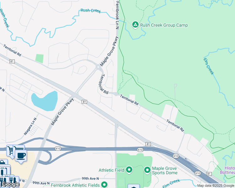 map of restaurants, bars, coffee shops, grocery stores, and more near 13449 Territorial Road in Maple Grove