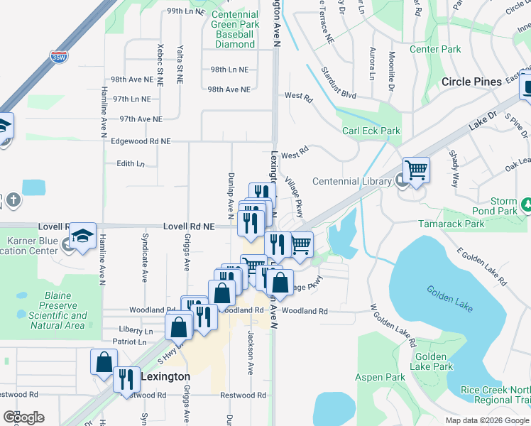 map of restaurants, bars, coffee shops, grocery stores, and more near 715 Village Parkway in Circle Pines