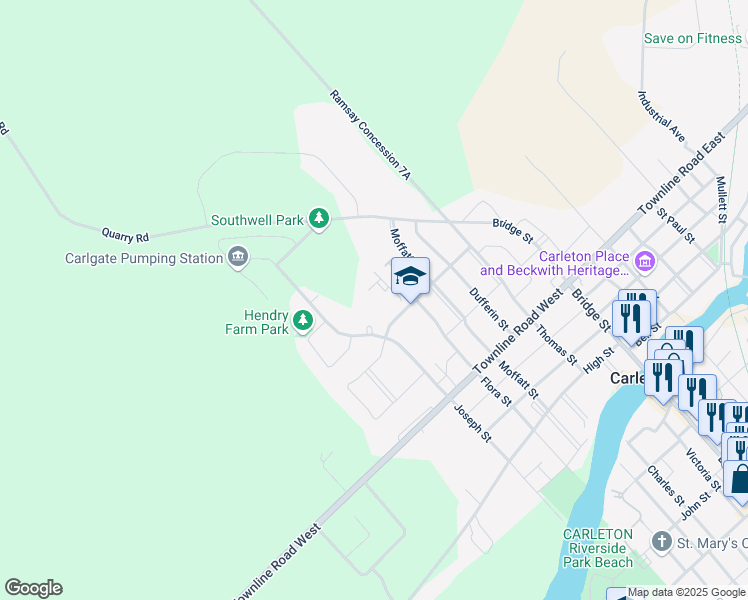 map of restaurants, bars, coffee shops, grocery stores, and more near 157 McKenzie Street in Carleton Place