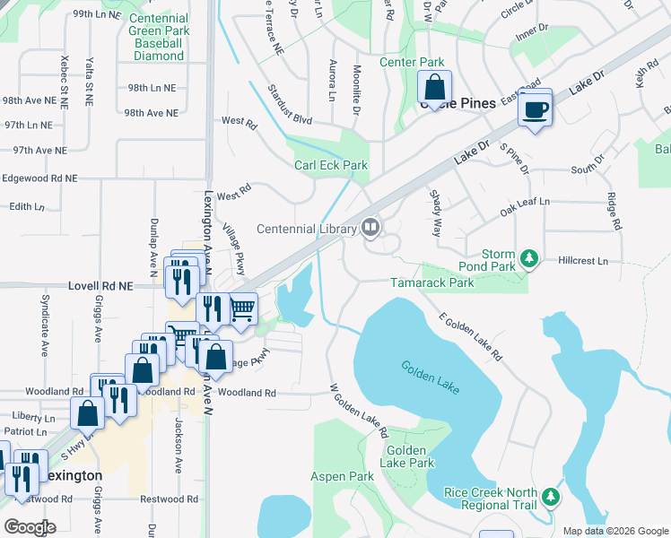 map of restaurants, bars, coffee shops, grocery stores, and more near 8 Golden Lake Road in Circle Pines