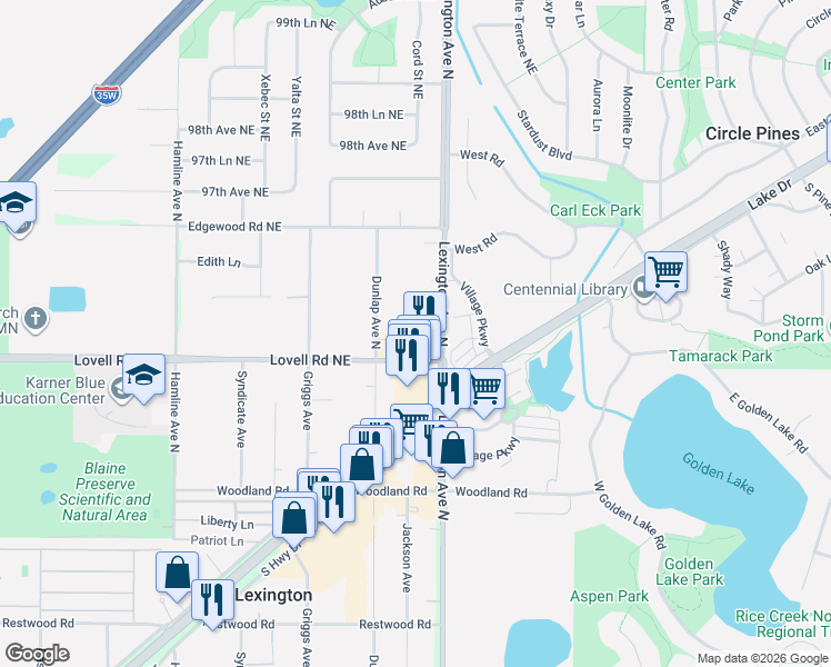 map of restaurants, bars, coffee shops, grocery stores, and more near 9400 Lexington Avenue Northeast in Circle Pines