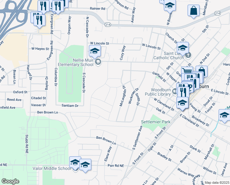 map of restaurants, bars, coffee shops, grocery stores, and more near 361 McLaughlin Drive in Woodburn