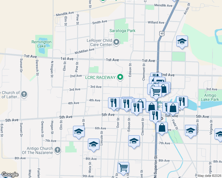 map of restaurants, bars, coffee shops, grocery stores, and more near 1014 4th Avenue in Antigo