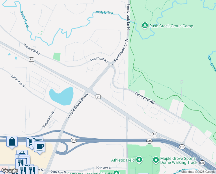 map of restaurants, bars, coffee shops, grocery stores, and more near 14301 Territorial Road in Maple Grove