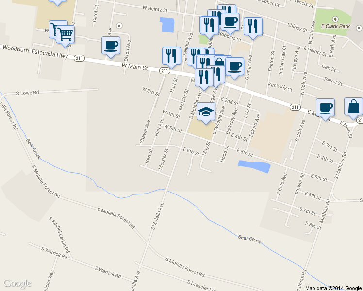 map of restaurants, bars, coffee shops, grocery stores, and more near 539 S Molalla Ave in Molalla