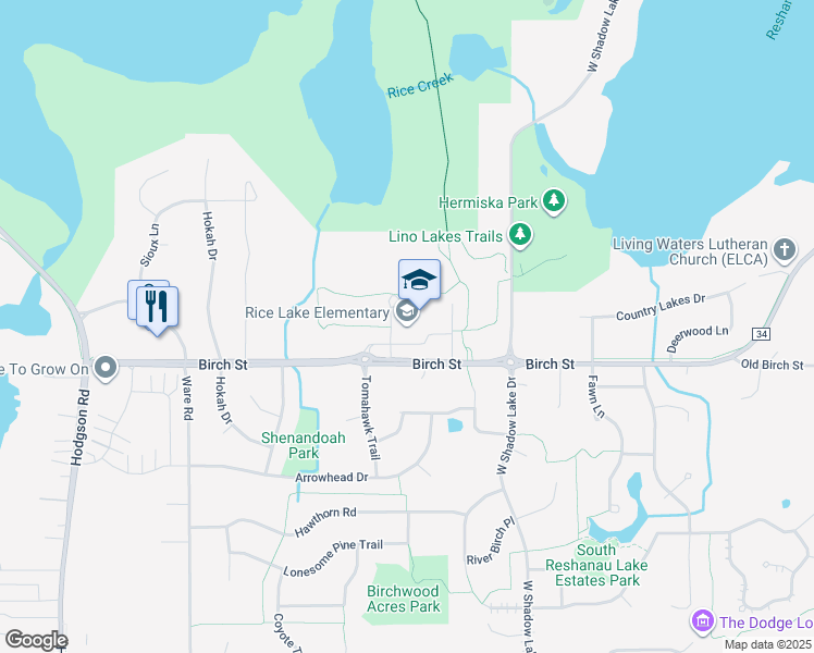 map of restaurants, bars, coffee shops, grocery stores, and more near 575 Birch Street in Circle Pines