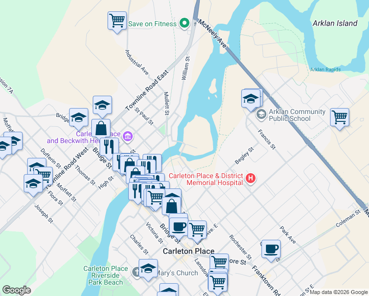 map of restaurants, bars, coffee shops, grocery stores, and more near in Carleton Place